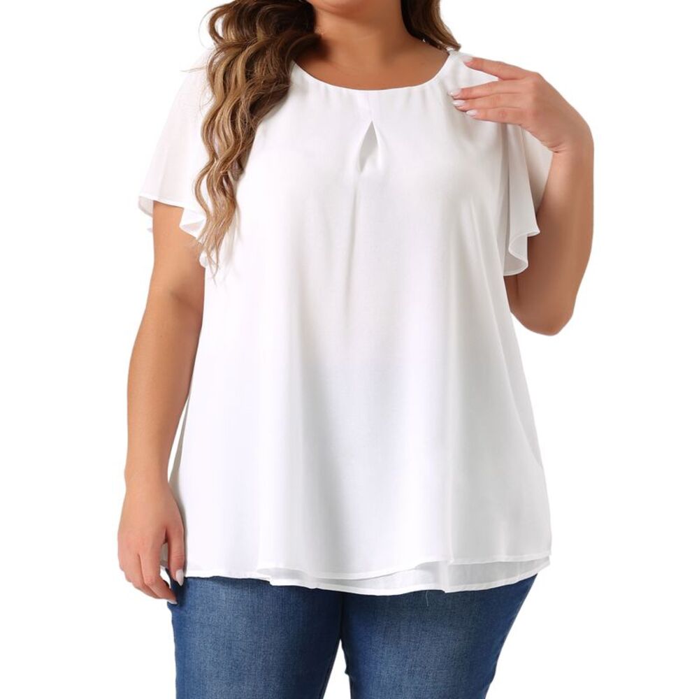 Plus Size Chiffon Blouse Ruffle Sleeve Double-Layered Shirt Work Tops White